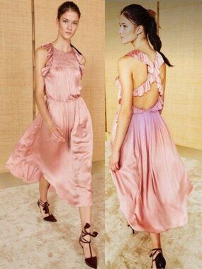 ULLA JOHNSON Antique Rose Pink Smocked Ruffle Maxi midi backless silk Dress 2